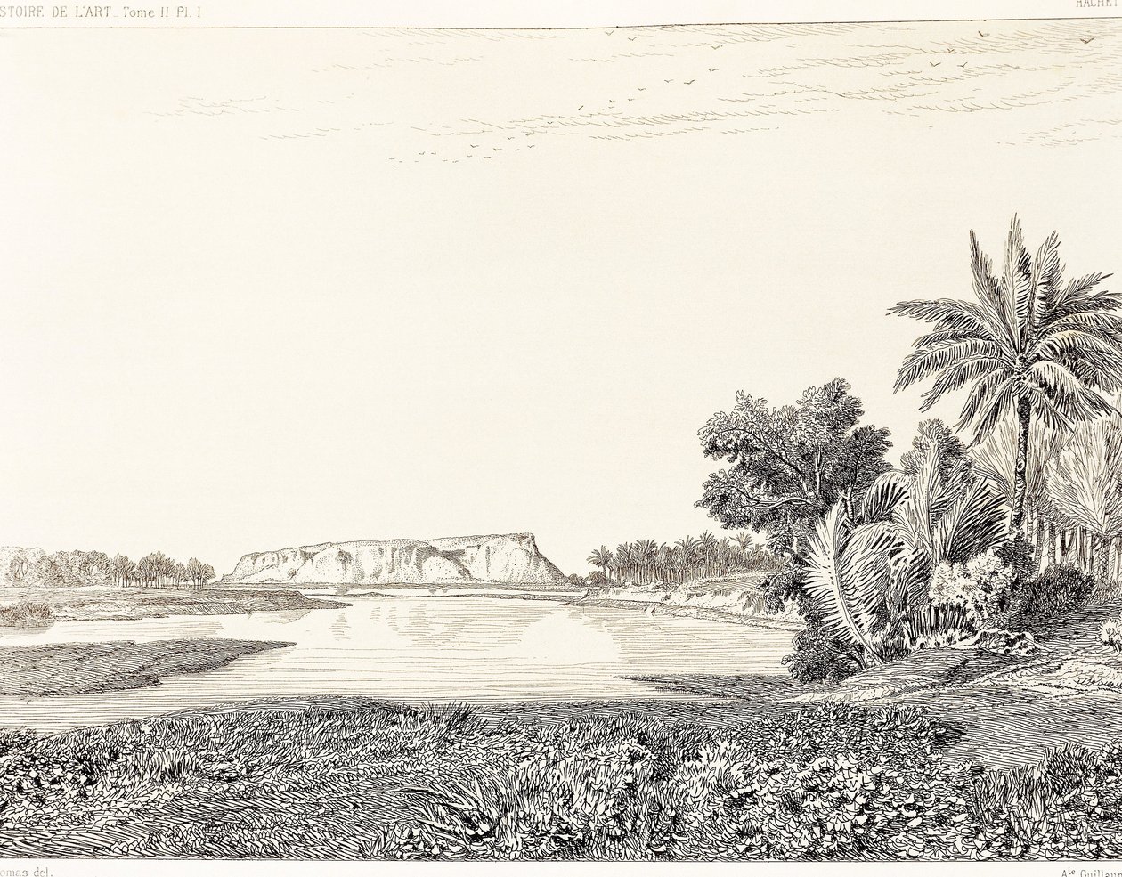 Irak, näkymä Babylonista, piirustus F, Thomas Georges Perrotin (1832-1914) ja Charles Chipiezin (1835-1901) kaiverruksesta, Histoire de l