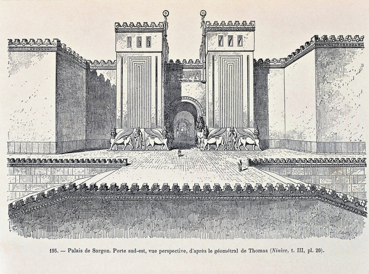 Sargonin palatsin kaakkoisportin jälleenrakennus Dur-Sharrukinissa ("Sargonin linnoitus"), nykyään Khorsabad (etsaus) tekijältä Georges and Chipiez Charles Perrot
