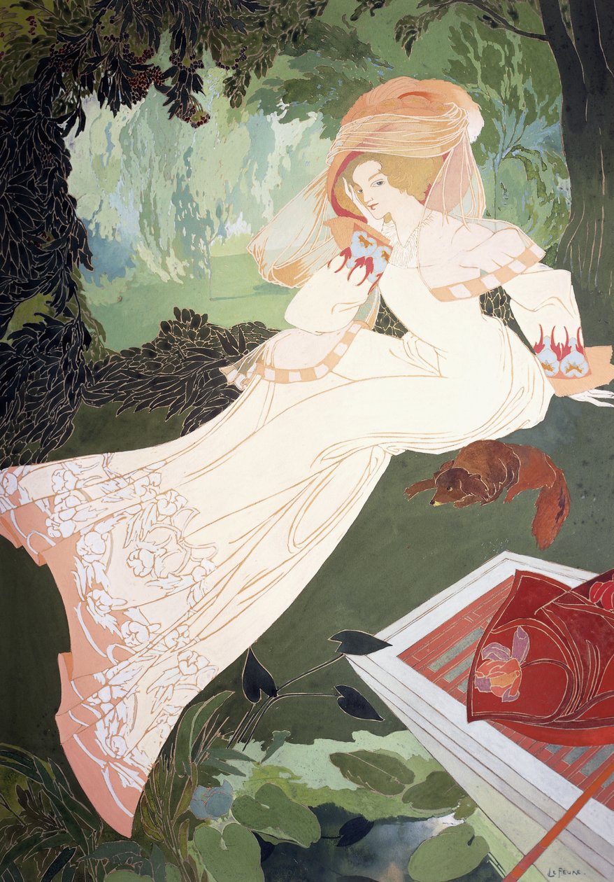 Tyylikäs nainen koiran kanssa tekijältä Georges de Feure