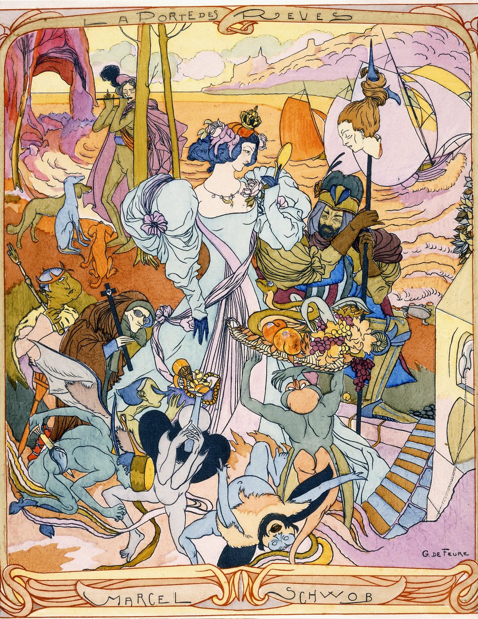 Keskipaneelissa on triptyykkikuvitus Marcel Schwobin kirjasta "La Porte des Reves" tekijältä Georges de Feure