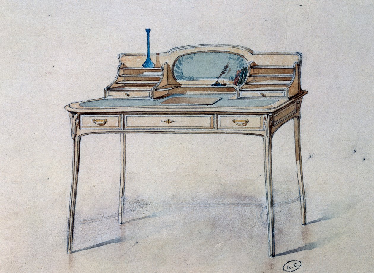 Piirustus naisten jugendtyyliselle kirjoituspöydälle Bing Atelierille (Jugend-työpaja), n. 1900 (akvarelli ja kynä) tekijältä Georges de Feure