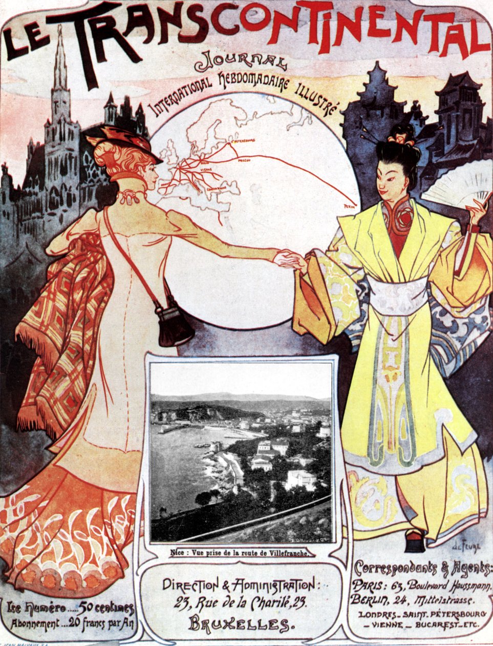 Le transcontinental -sanomalehden etusivu symbolina idän ja lännen väliselle rautatieyhteydelle Trans-Siperian ansiosta. tekijältä Georges de Feure