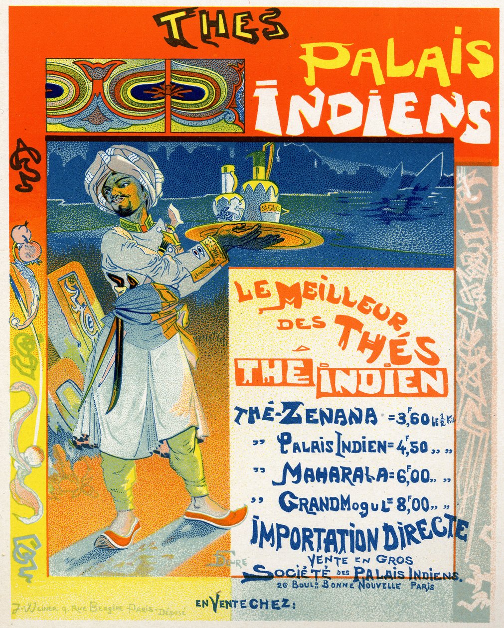 Jäljennös julisteesta, jossa mainostetaan "Teas from the Indian Palaces" teekauppaa varten Pariisissa, Ranskassa, n. 1890 (värilitho) tekijältä Georges de Feure