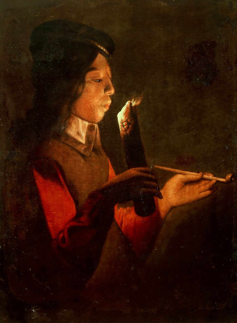 Nuori poika piipun kanssa puhaltamassa tulimerkki Le Souffleur à la pipe. tekijältä Georges de, La Tour