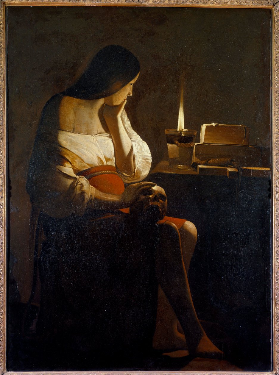 La Madeleinessa on Georges de La Tourin (1593-1652) 1600-luvun Sun yövalomaalaus (vanite). 1,28x0,94 m tekijältä Georges de La Tour