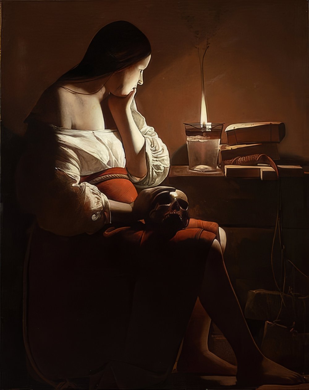Maria Magdalena kahisevalla liekillä. Noin 1638-40 tekijältä Georges de La Tour