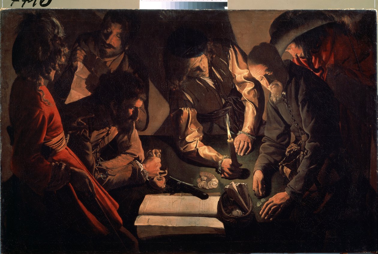 Rahanlainaajalla (Maksu). (koronkiskonottajilla. Maksu). Georges de La Tourin (1583-1652) maalaus, noin 1640. Barokkitidetta. Öljy kankaalle. Valtion taidegalleria, Lviv tekijältä Georges de La Tour