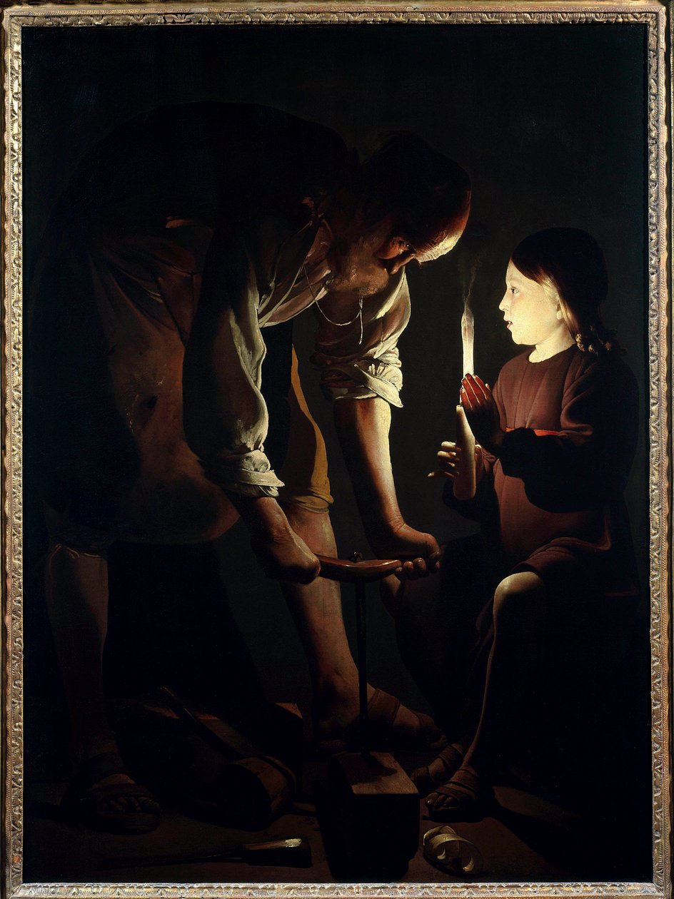 Pyhä Joosef puuseppä Jeesus-lapsi pitää kynttilää sytyttääkseen isänsä Joosefin työssä. Georges de La Tourin (1593-1652) maalaus 1640 su. 1,07 x 1,02 m Pariisi. Louvren taidemuseo tekijältä Georges de La Tour