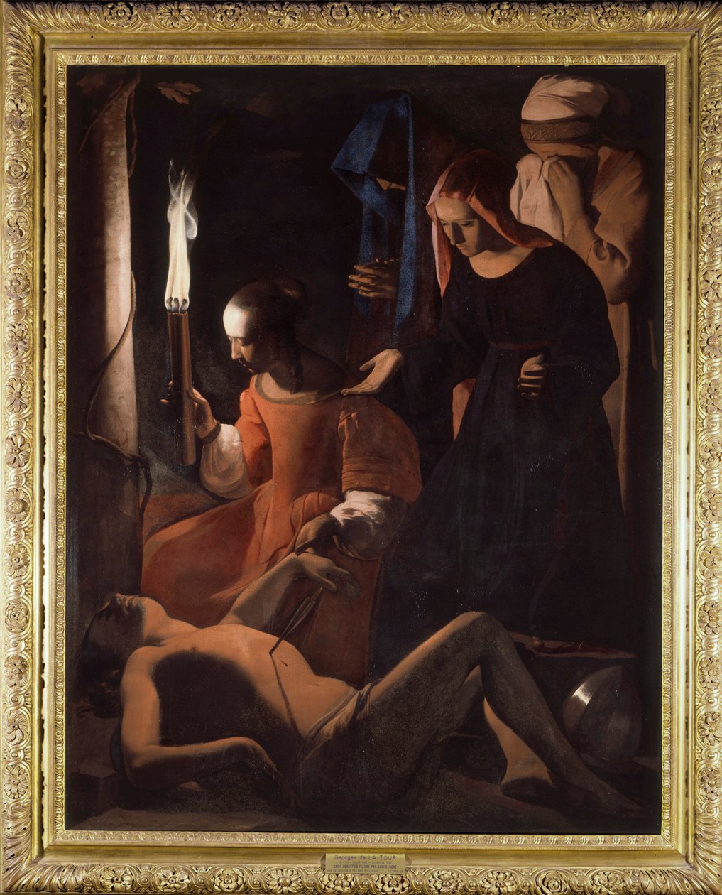 Pyhä Irene hoitaa Pyhää Sebastiania. (St. Sebastian tarjosi St. Irene) Georges De La Tourin maalaus (1593-1652) tekijältä Georges de La Tour