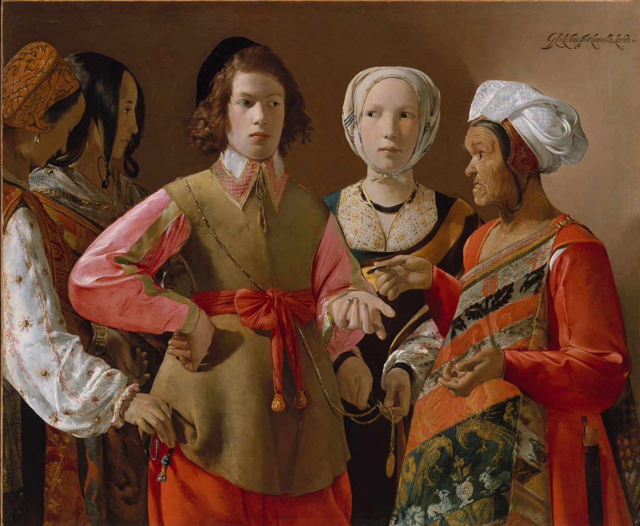 Fortune Teller, n. 1635 (öljy kankaalle) tekijältä Georges de La Tour