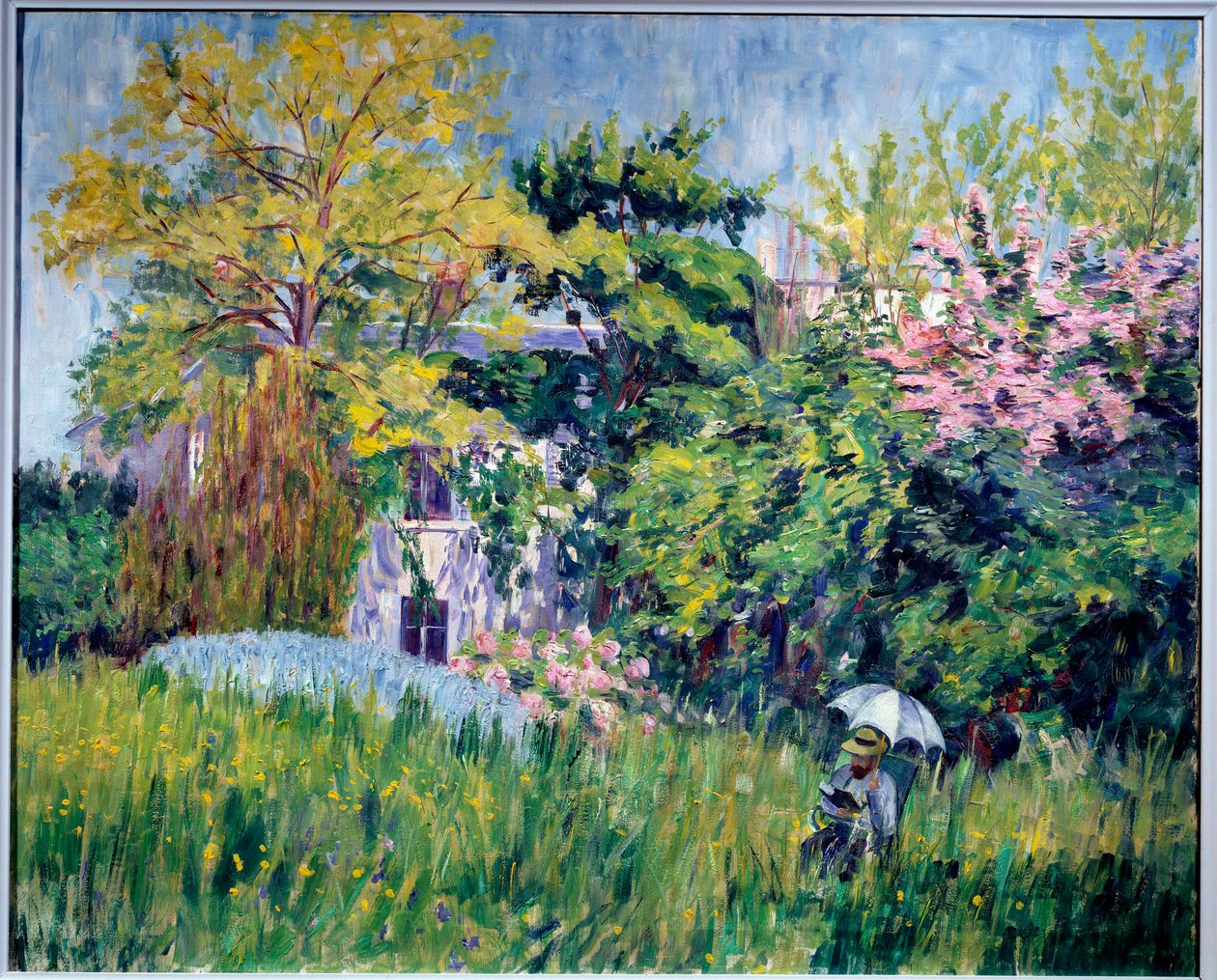 Bonnieresin puutarha Lukijalla on sateenvarjon alla korkeassa ruohossa. Georgette Agutten (1867-1922) maalaus 1909-1910. Öljy kankaalle, 81 x 100 cm. Grenoble, musee des Beaux Arts - Puutarha Bonnieresissa. Lukija sateenvarjon alla korkeassa ruohossa. Pa tekijältä Georgette Agutte