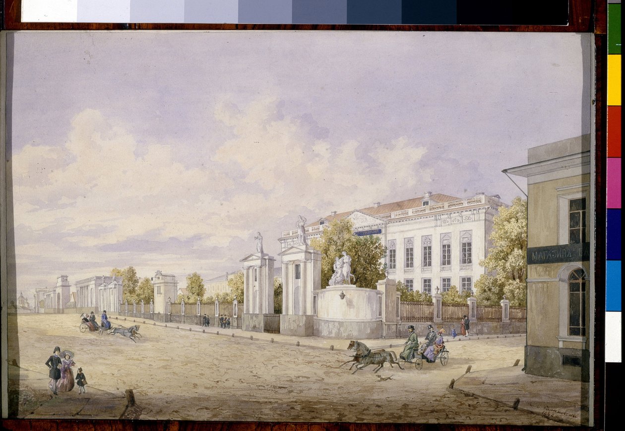 Suuri Lubjanka-katu Moskovassa (Great Lubyanka Street Moskovassa) - Georgi Filippovich Baranovskyn (1823-1852) työ, akvarelli paperille, 1848 - Valtion Tretjakov-galleria, Moskova (Venäjä) tekijältä Georgi Filippovich Baranovsky