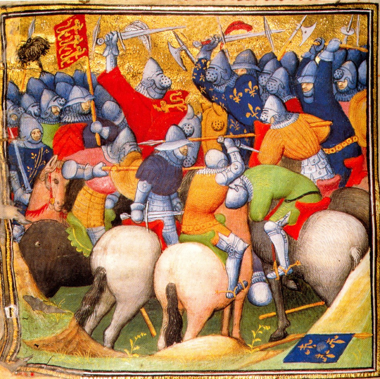 Englantilaiset taistelevat ranskalaisia ritareita vastaan Crécyn taistelussa vuonna 1346, Grandes Chroniques de France, 1415 (26228020225). tekijältä Georgia Levan Ramishvili from Tbilisi