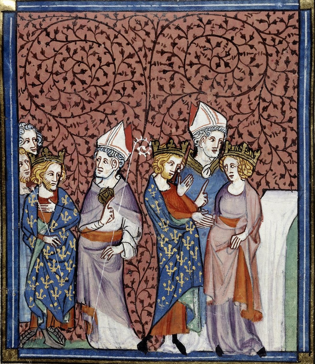 Henrik I lähettämässä piispaa ja hänen avioliittonsa Annen kanssa, Grandes chroniques de France, Royal 16 G.VI, f.269v, noin 1332-1350 (22727649151). tekijältä Georgia Levan Ramishvili from Tbilisi