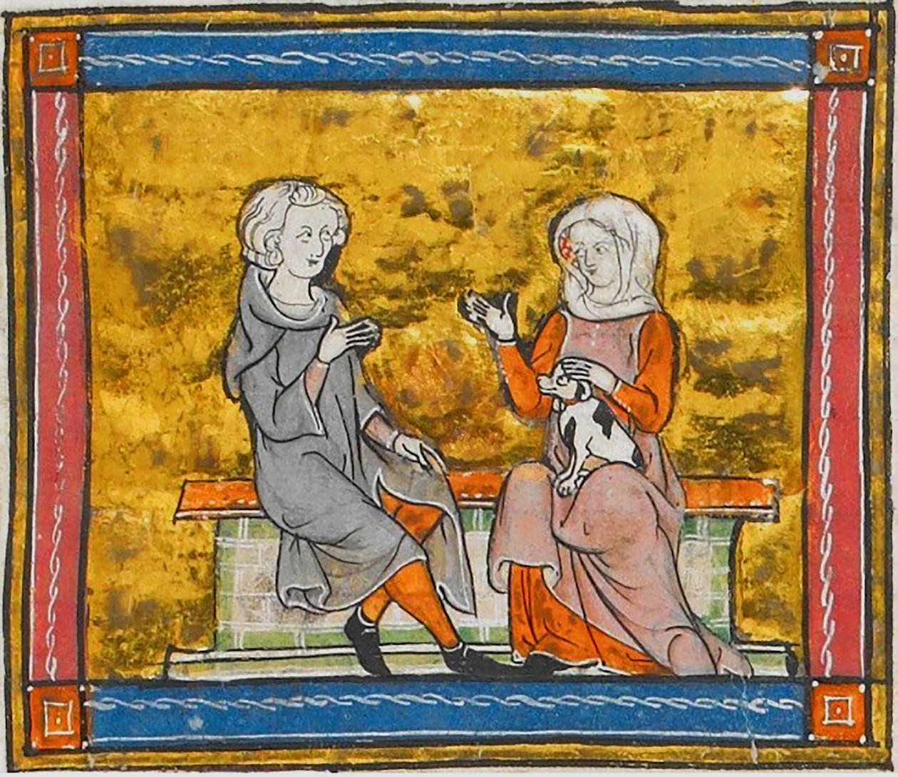 Lancelot keskustelemassa naisen kanssa, jolla on pieni mustavalkoinen koira kädessään, Morte Artusta, n. 1315-1325 (41067329535). tekijältä Georgia Levan Ramishvili from Tbilisi