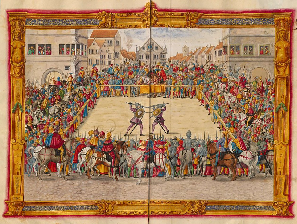 Marsalkka Wilhelm von Dornsberg ja Theodor Haschenacker kaksintaistelussa Augsburgin viinimarkkinoilla, Jörg Breu nuoremman Fechtbucherista, noin 1544 (48108343966). tekijältä Georgia Levan Ramishvili from Tbilisi