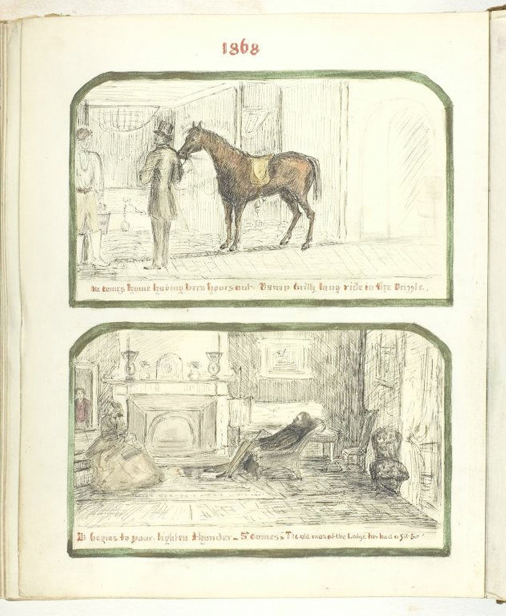 Nimetön [mies hevosen kanssa ja pari rentoutumassa tulen ääressä], 1868. tekijältä Georgina Cowper