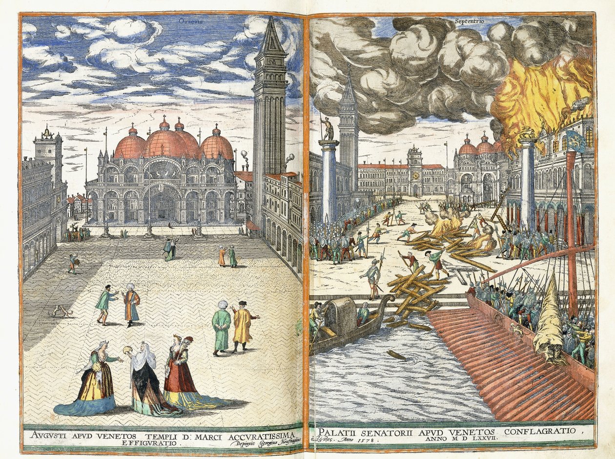 Piazza San Marco ja Palazzo Senatoriin tulipalo, n. 1577-8 tekijältä Georgius Housnaglius