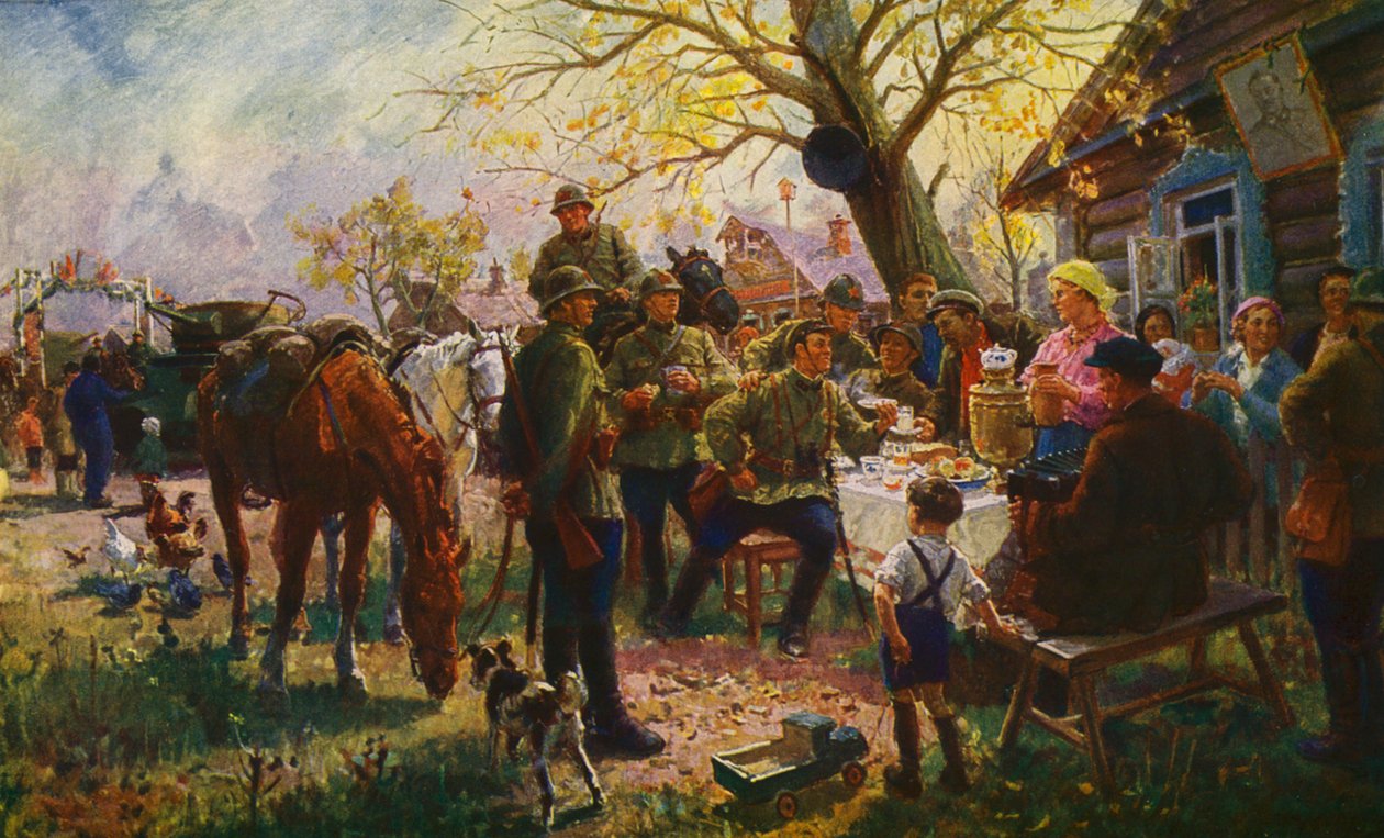 Manöövereissä. Pysähtyminen kollektiivisten viljelijöiden kanssa (värilitografia). tekijältä Georgiy Konstantinovich Savitsky