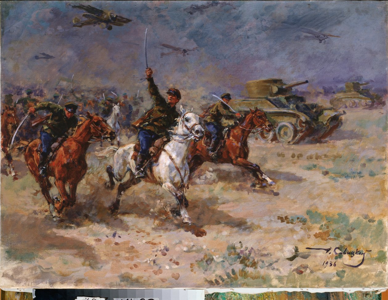 Hyökkäys (Puna-armeijan panssarivaunut ja ratsuväki lokakuun vallankumouksen aikana) - Hyökkäys - George (Georgy, Georgi) Konstantinovich Savitskyn (1887-1949) maalaus, öljy kankaalle tekijältä Georgiy Konstantinovich Savitsky