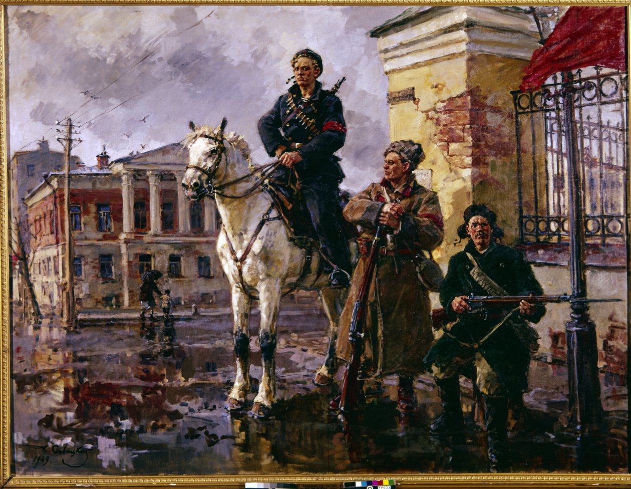 Venäjän lokakuun 1917 vallankumous: ""Lokakuun ensimmäiset päivät"" (Lokakuun ensimmäiset päivät). Talvipalatsin valtaus Pietarissa 25. lokakuuta 1917, punakaartin ja bolshevikien johtama hyökkäys. Georgen maalaus (Georgy, Georgi) tekijältä Georgiy Konstantinovich Savitsky