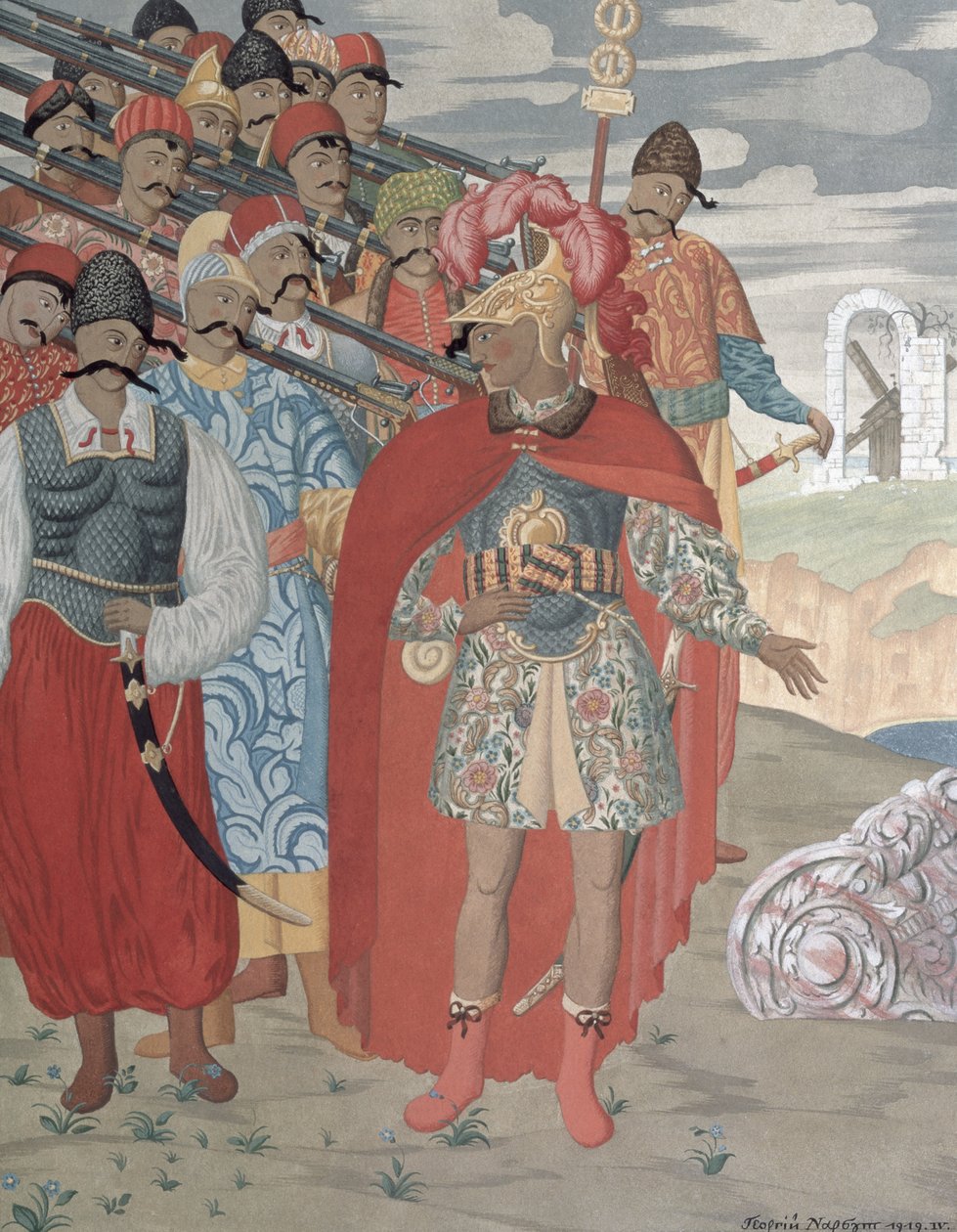 Aeneas ja hänen sotilas, 1919 (värikaiverrus) tekijältä Georgy Narbut