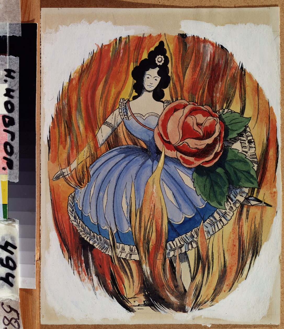 Tulen pappitar. Balerina luonnostelee tanssiaskeleen liekkien keskellä. Georgi Ivanovich Narbutin (1886-1920) teos, akvarelli ja tussi paperille, noin 1910. Venäläinen taide, 1900-luvun alku, symboliikka. Valtion taidemuseo, Nijn tekijältä Georgy Narbut