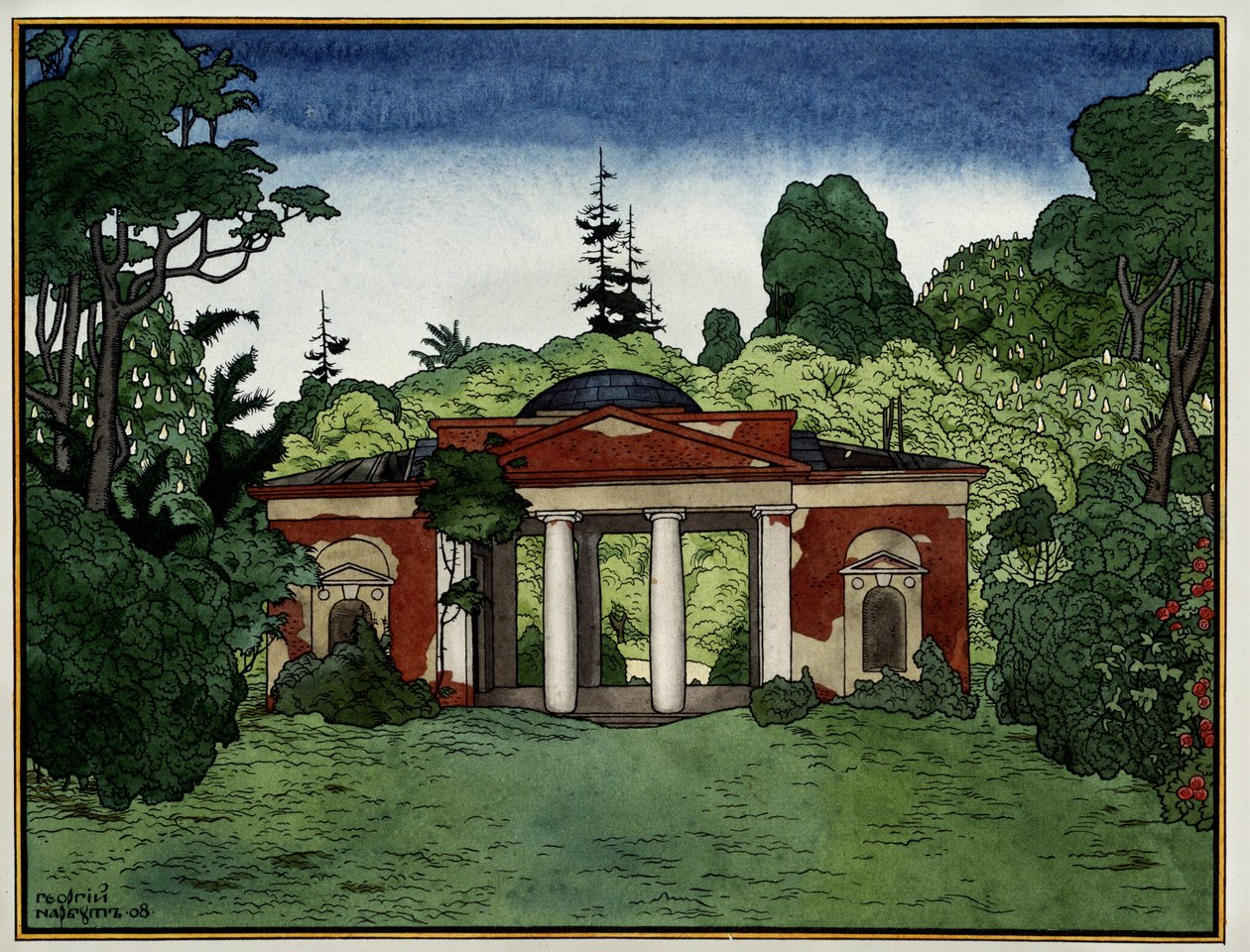 Paviljonki Tsaritsinon alueella (Moskova, Venäjä) (Pavillon Tsaritsino Parkissa). Georgi Ivanovich Narbutin (1886-1920) työ, tussi ja akvarelli paperille tekijältä Georgy Narbut