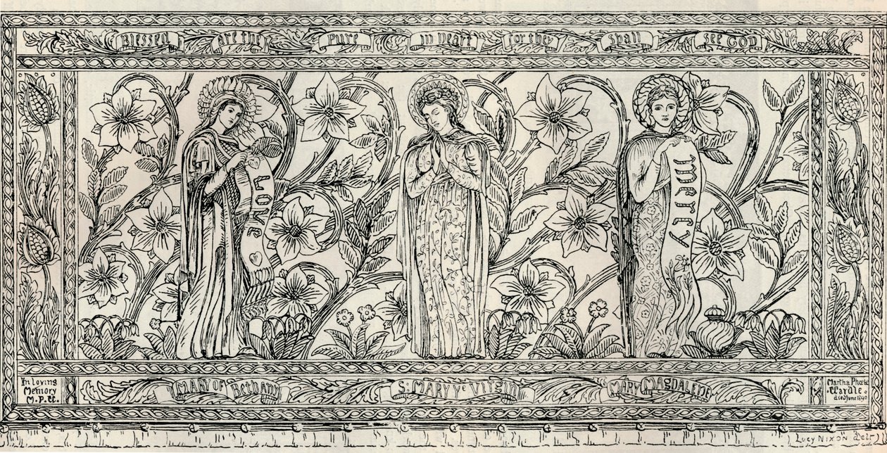 White Memorial Altar Cloth, seurakuntakirkko, Cheddleton, n. 1891 tekijältä Gerald Callcott Horsley