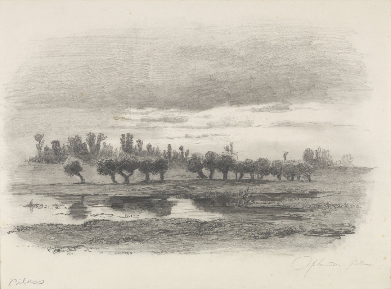 Gezicht yli de uiterwaarden bij Opheusden in de Betuwe, tekening tekijältä Gerard Bilders