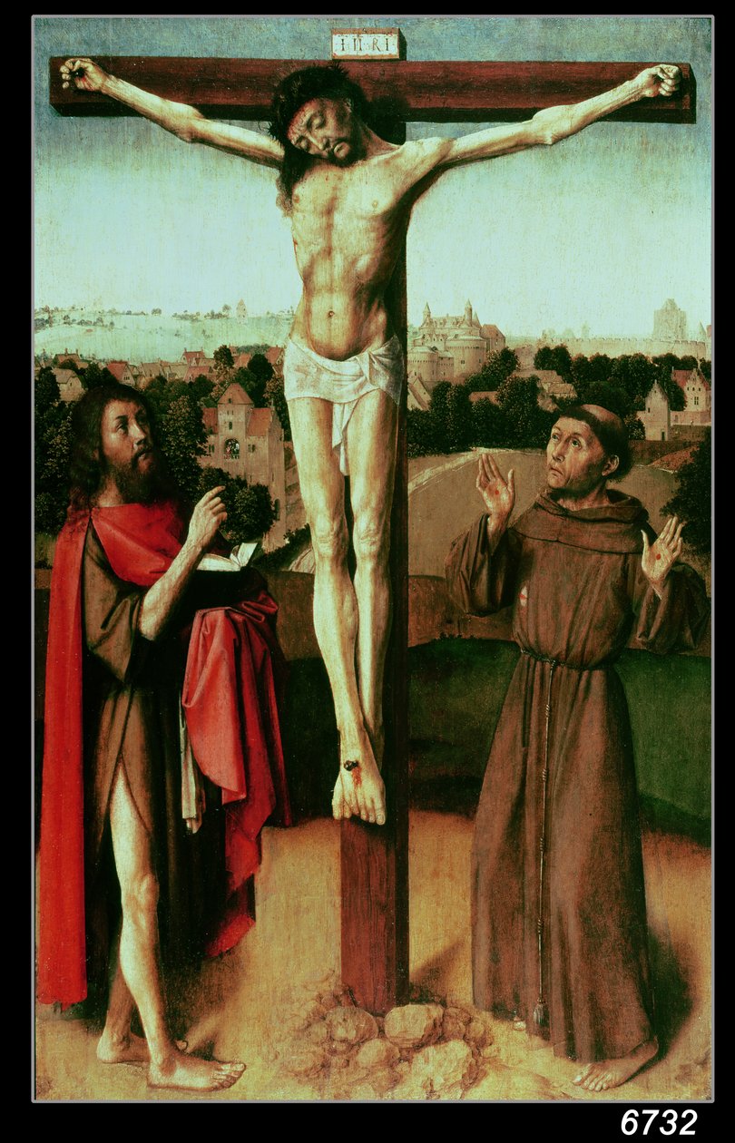 Kristus ristillä Pyhän Johanneksen ja Pyhän Franciscuksen välillä (katso ennallistamista edeltävä versio 136582) tekijältä Gerard David
