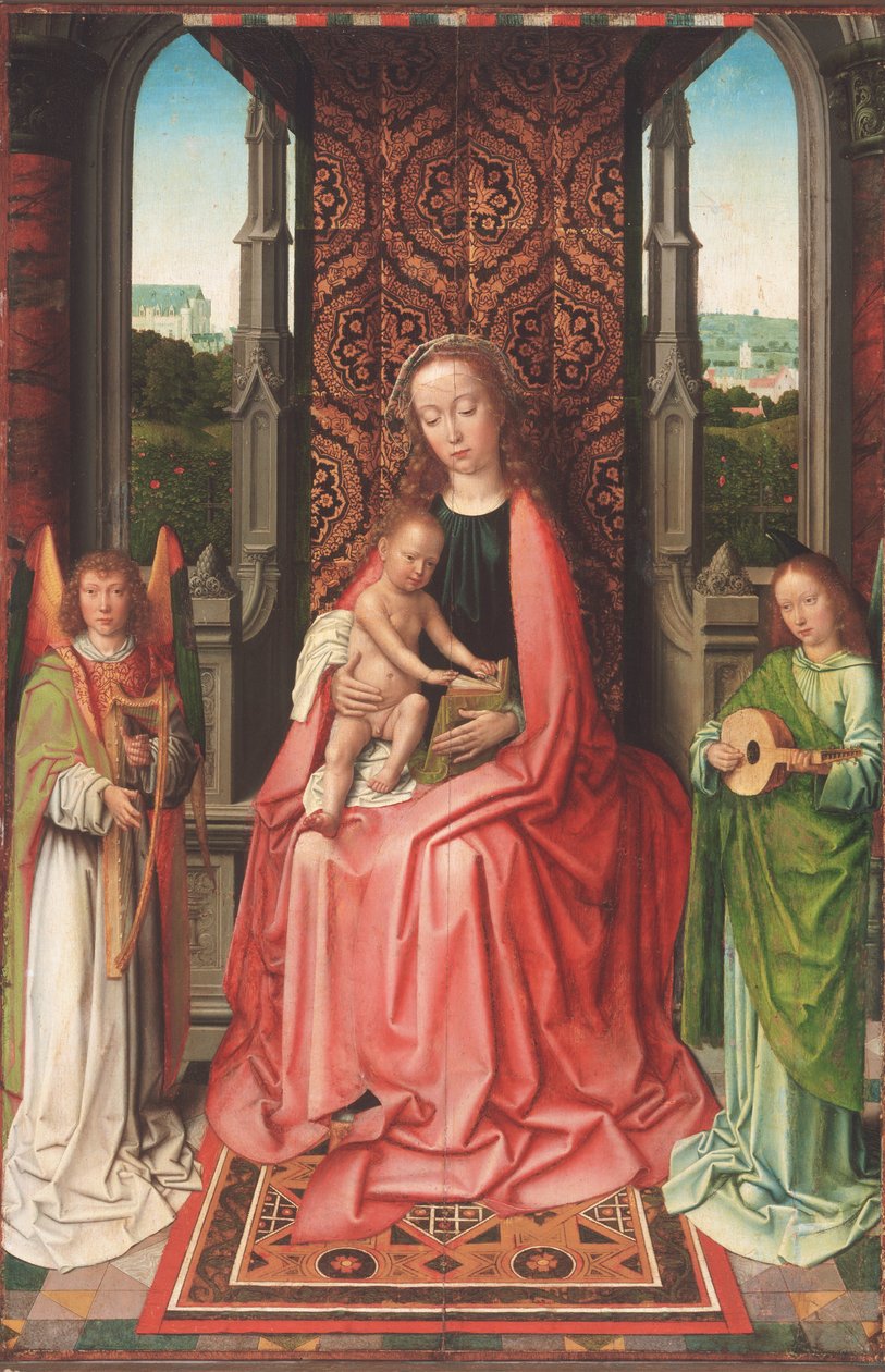 Valtaistuimella neitsyt ja lapsi, enkelien kanssa tekijältä Gerard David