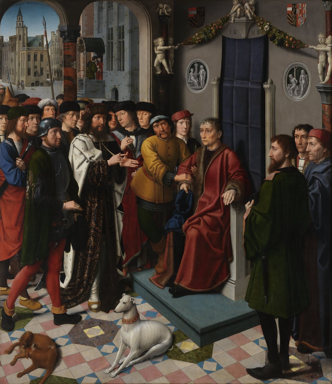 Oikeuden diptykki Bruggen kaupungintalon neuvoston kamarille. Paneeli 1 - Korruptoituneen tuomarin Sisamnesin vangitseminen tekijältä Gerard David
