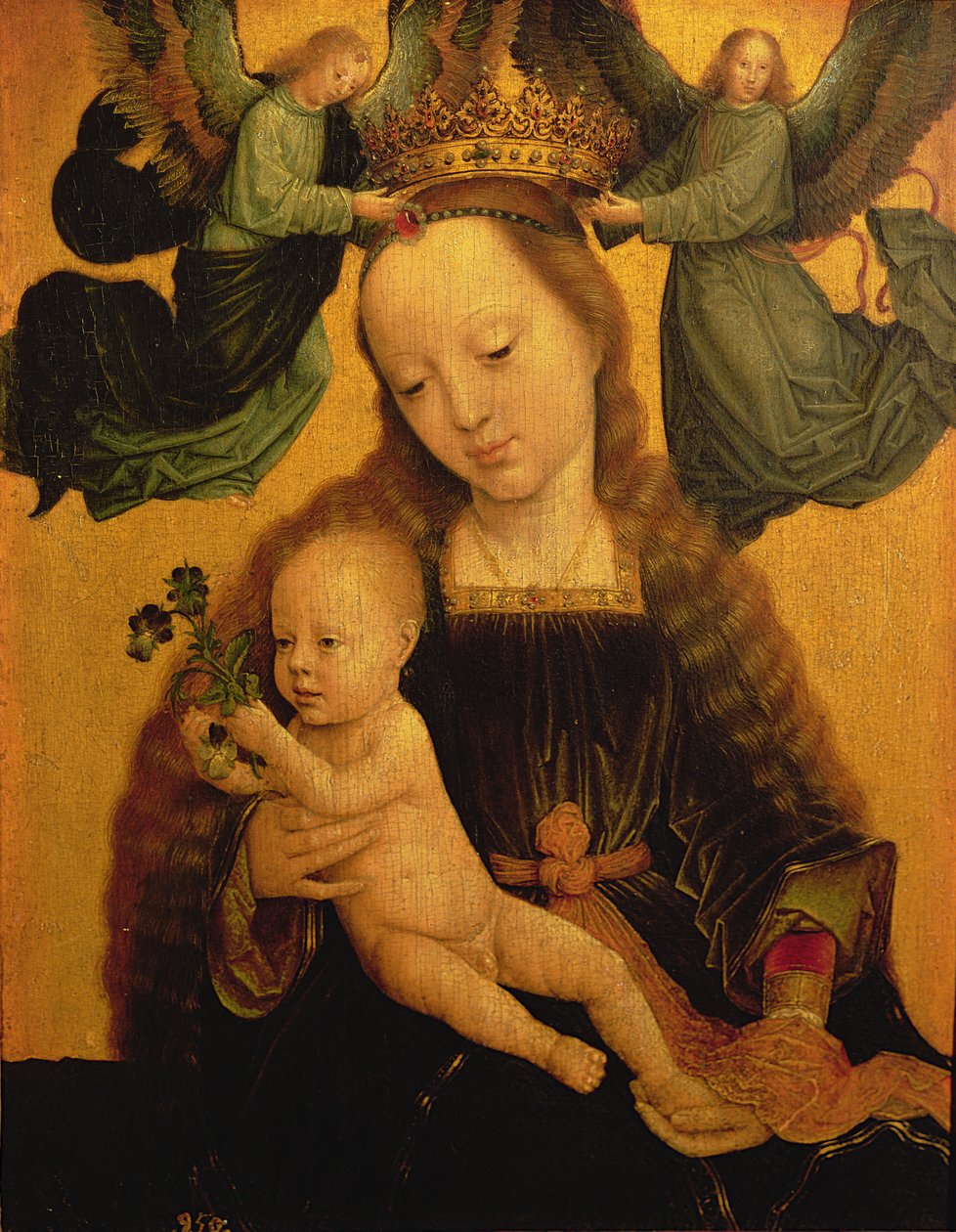 Kahden enkelin kruunaama Madonna ja lapsi, n. 1520 tekijältä Gerard David