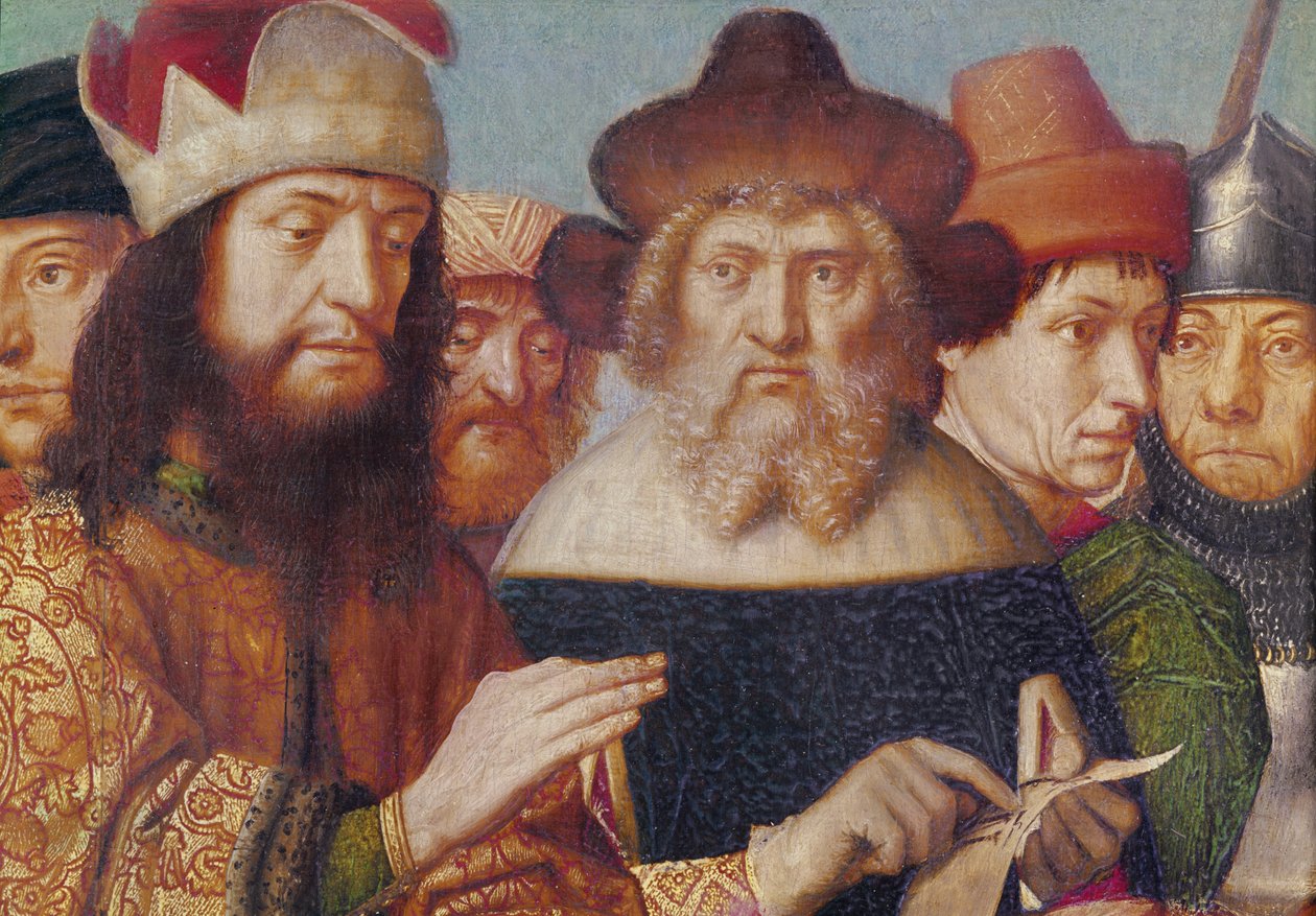 Ristiinnaulitsemisen triptyykki, vasen paneeli: juutalaiset tuomarit, roomalaisten sotilaiden yksityiskohdat päistä, n. 1480 öljy paneelissa tekijältä Gerard David