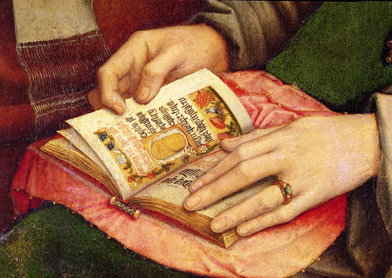 Neitsyt ja lapsi pyhien kanssa, yksityiskohta avoimesta kirjasta, n. 1509 tekijältä Gerard David
