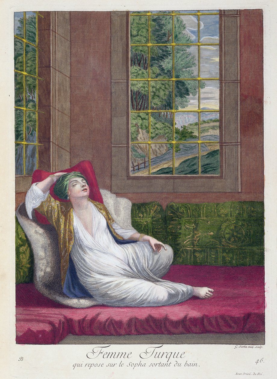 Turkkilainen nainen, lepäämässä sohvalla kylvyn jälkeen, 1700-luku tekijältä Gerard Jean Baptiste Scotin