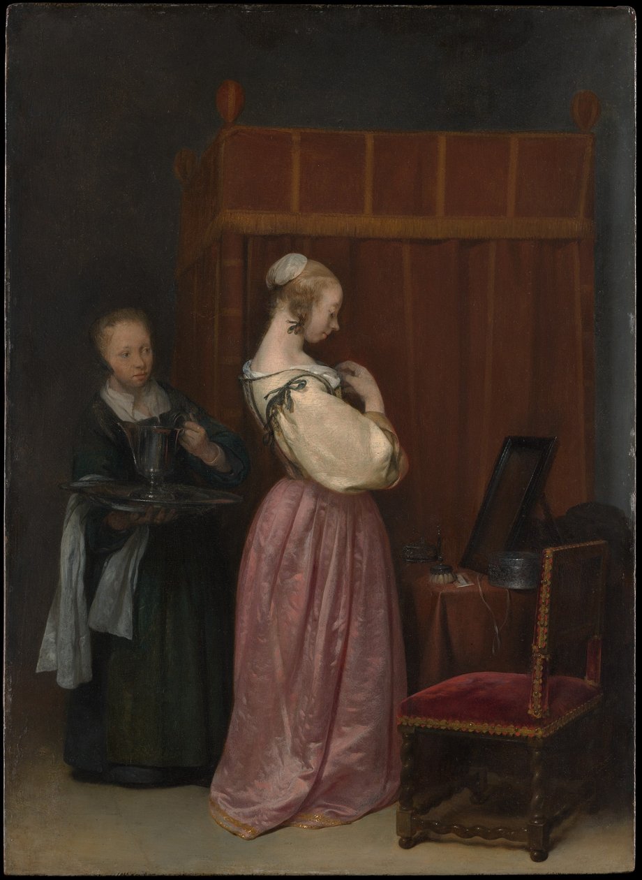 Nuori nainen vessassaan palvelijan kanssa tekijältä Gerard ter Borch