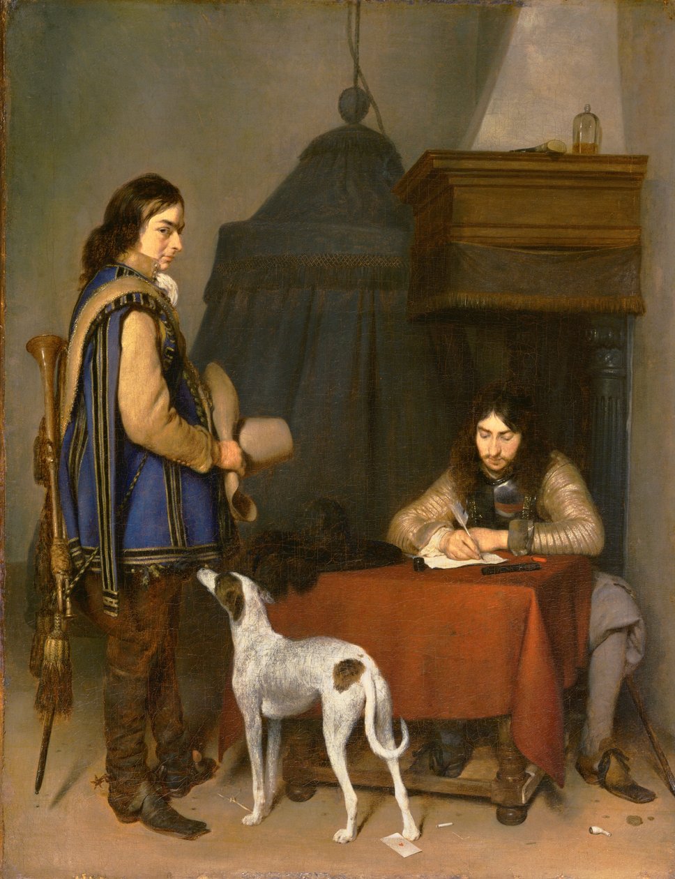 Upseeri kirjoittaa kirjettä trumpetistin kanssa tekijältä Gerard ter Borch