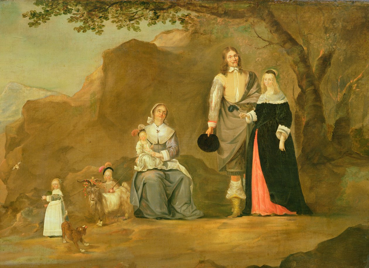 Perheryhmä koiran ja vuohen kanssa vuoristoisessa maisemassa tekijältä Gerard ter Borch