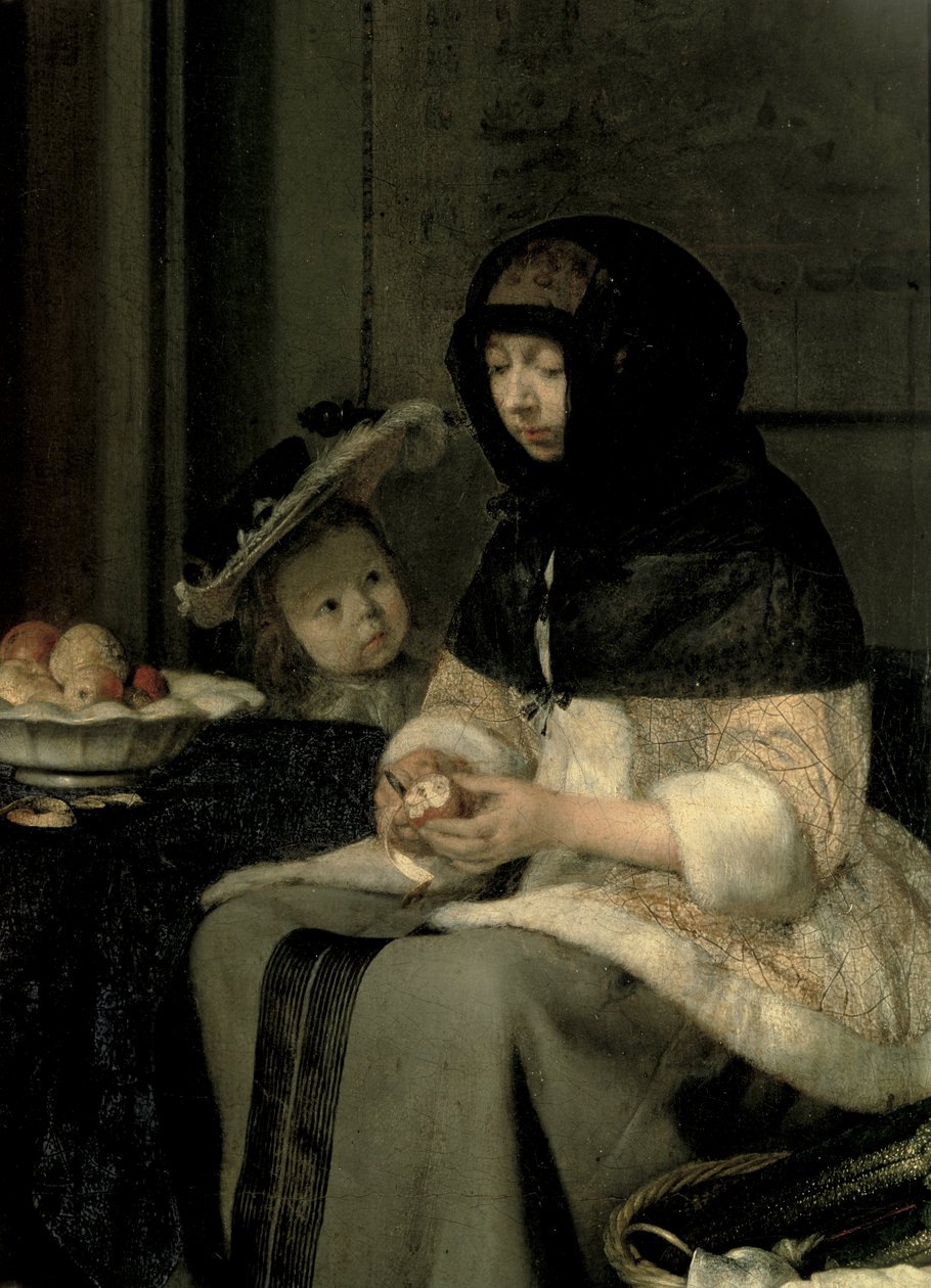 Omenan kuorinta, 1660 (yksityiskohta kuvasta 13129) (öljy kankaalle ja paneelille) tekijältä Gerard ter Borch