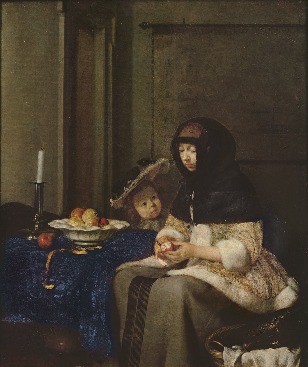 Nainen kuorimassa omenoita, n. 1660 (kangas puulle) tekijältä Gerard ter Borch