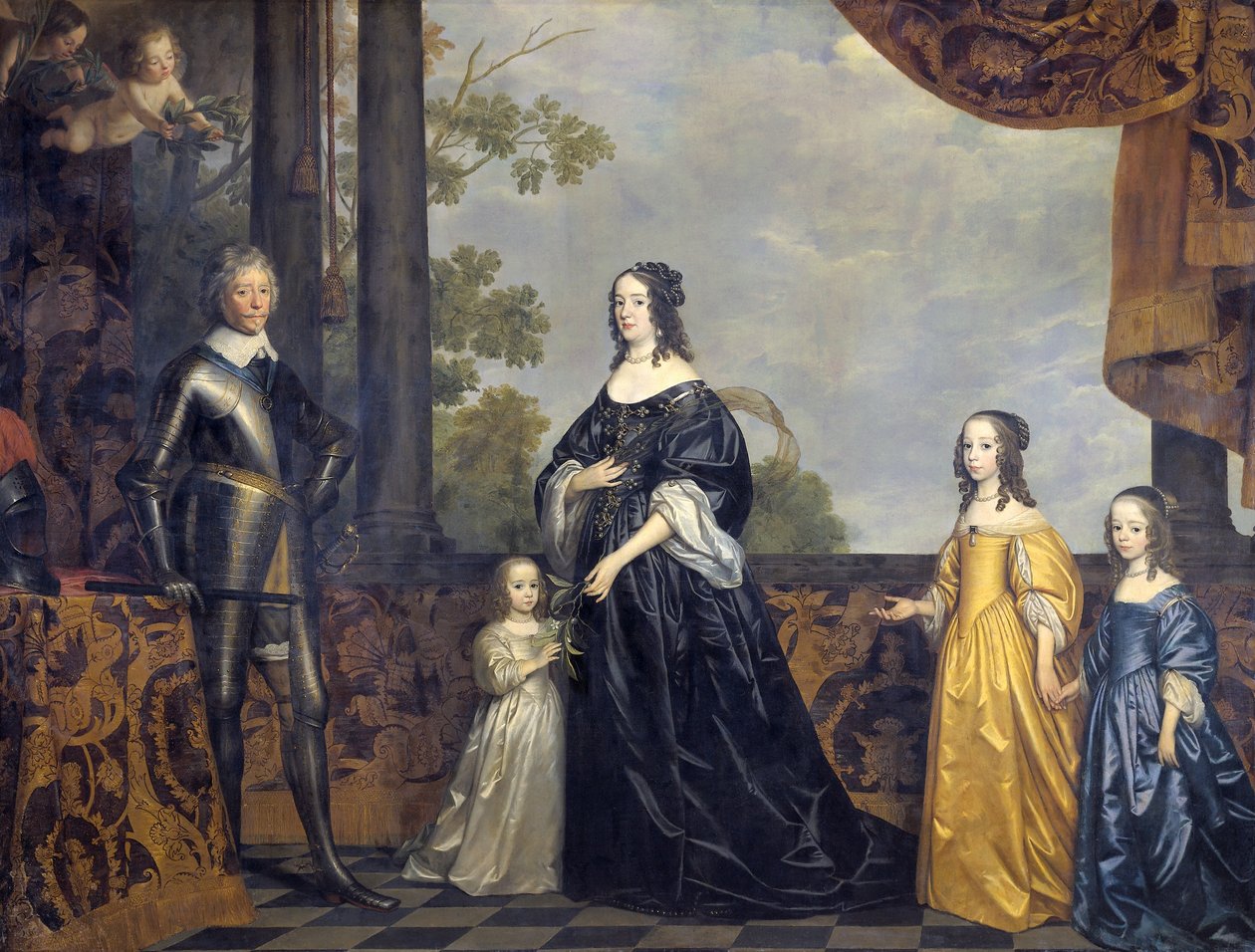 Ryhmäkuva Frederick Henrystä, Orangen prinssi (1584-1647), Amalia Solms-Braunfelsista (1602-1675) ja heidän kolmesta nuorimmasta tyttärestään tekijältä Gerrit van Honthorst