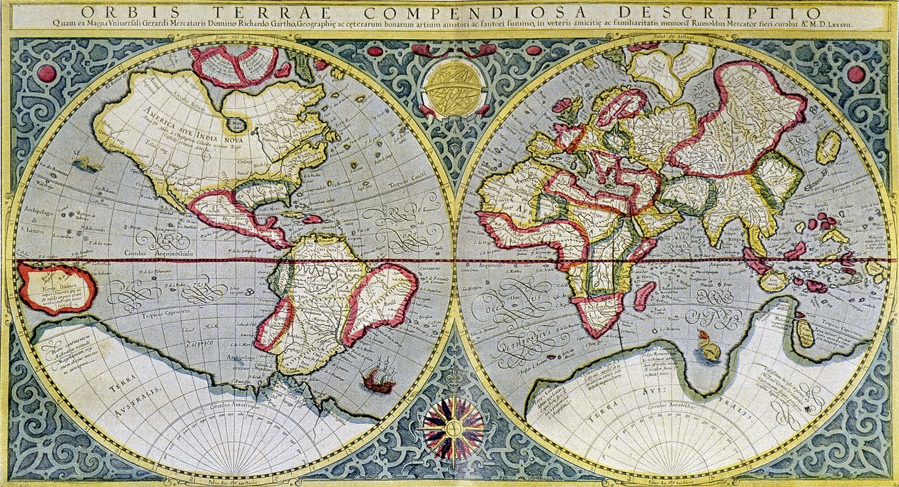 Mercatorin maailmankartta (1587) - H. Kraemerin "Universumi ja ihmiskunta" tekijältä Gerard (after) Mercator