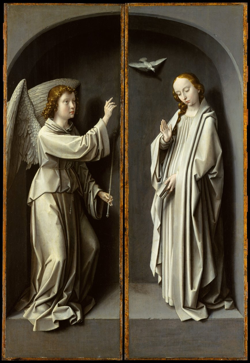 Arkkienkeli Gabriel; The Virgin Annunciate, n. 1510 (öljy tammilevylle) tekijältä Gerard David