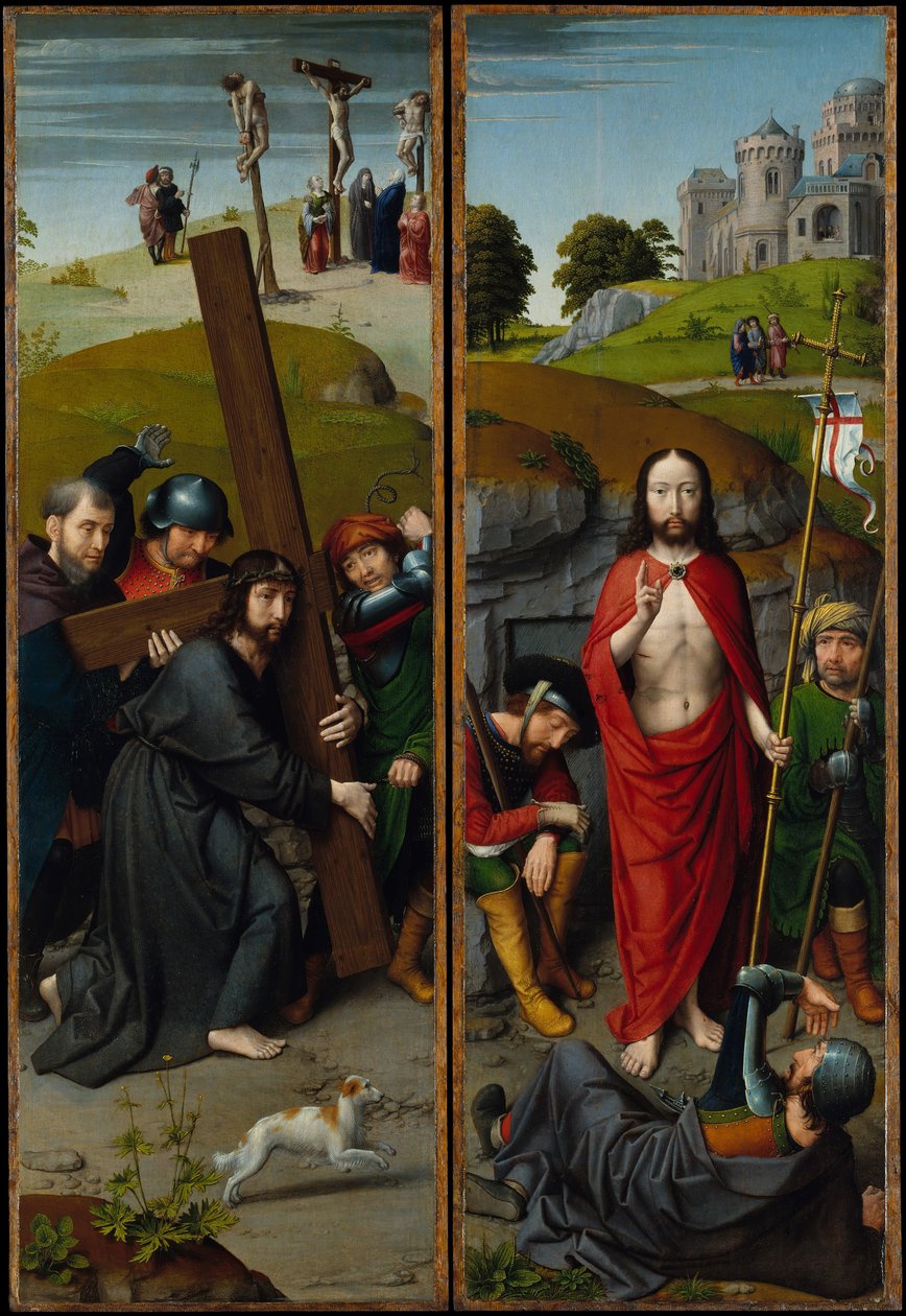Kristus kantaa ristiä, ristiinnaulitsemisen, ylösnousemuksen, pyhiinvaeltajien kanssa..., n. 1510. tekijältä Gerard David