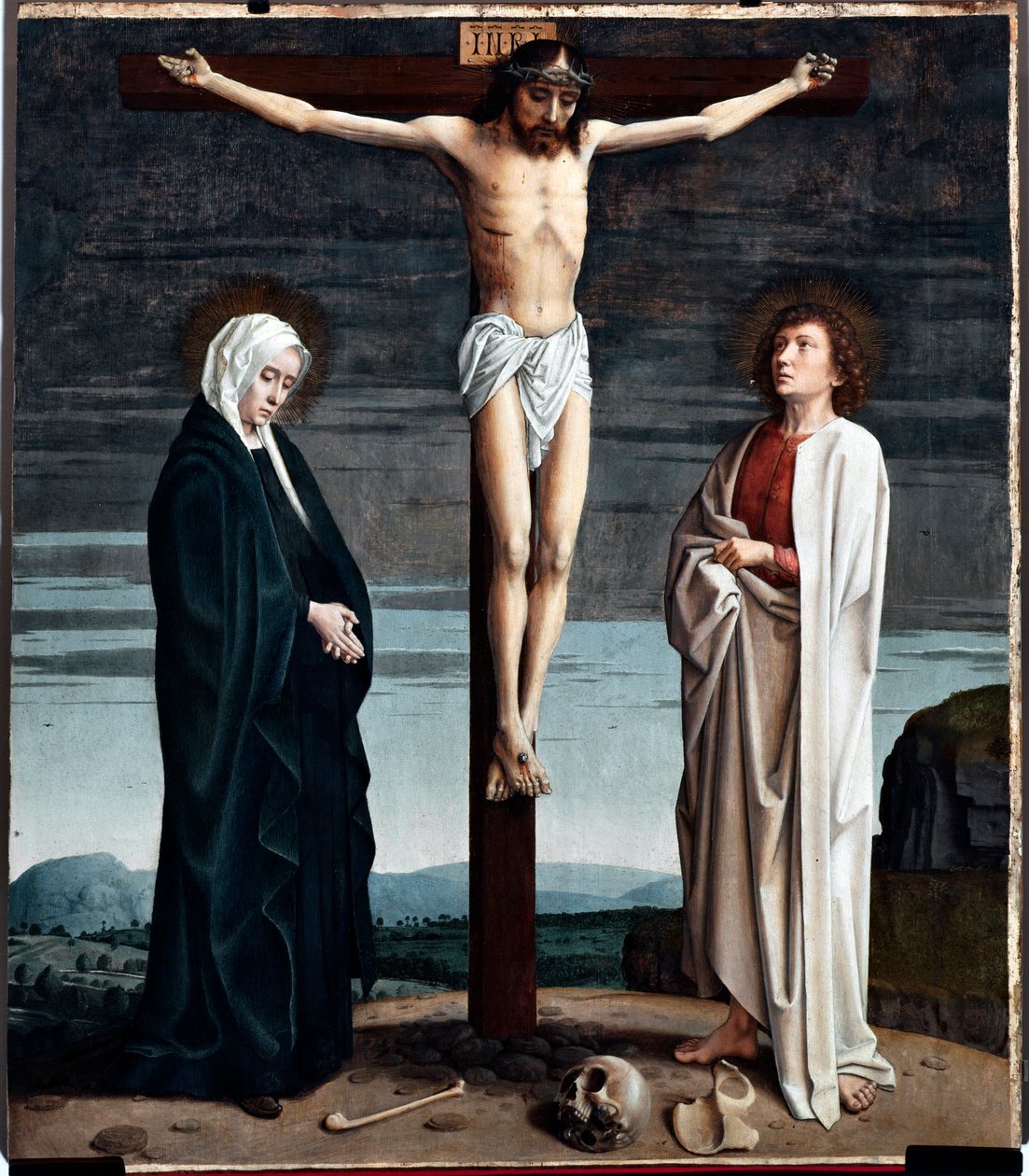 Ristiinnaulitseva polyyptyykkitaulu San Gerolamo della Cervaran kirkosta - Gerard Davidin maalaus (n. 1460-1523) 1506 Koko 90x100 cm Genes Musei di Strada Nuova (ex Palazzo Bianco) Italia tekijältä Gerard David