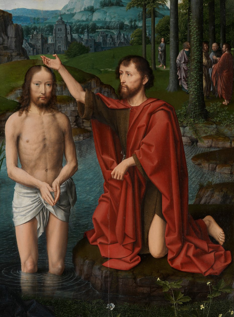 Yksityiskohta Kristuksen kasteen keskuspaneelista, n. 1502-08 (öljy paneelille) tekijältä Gerard David