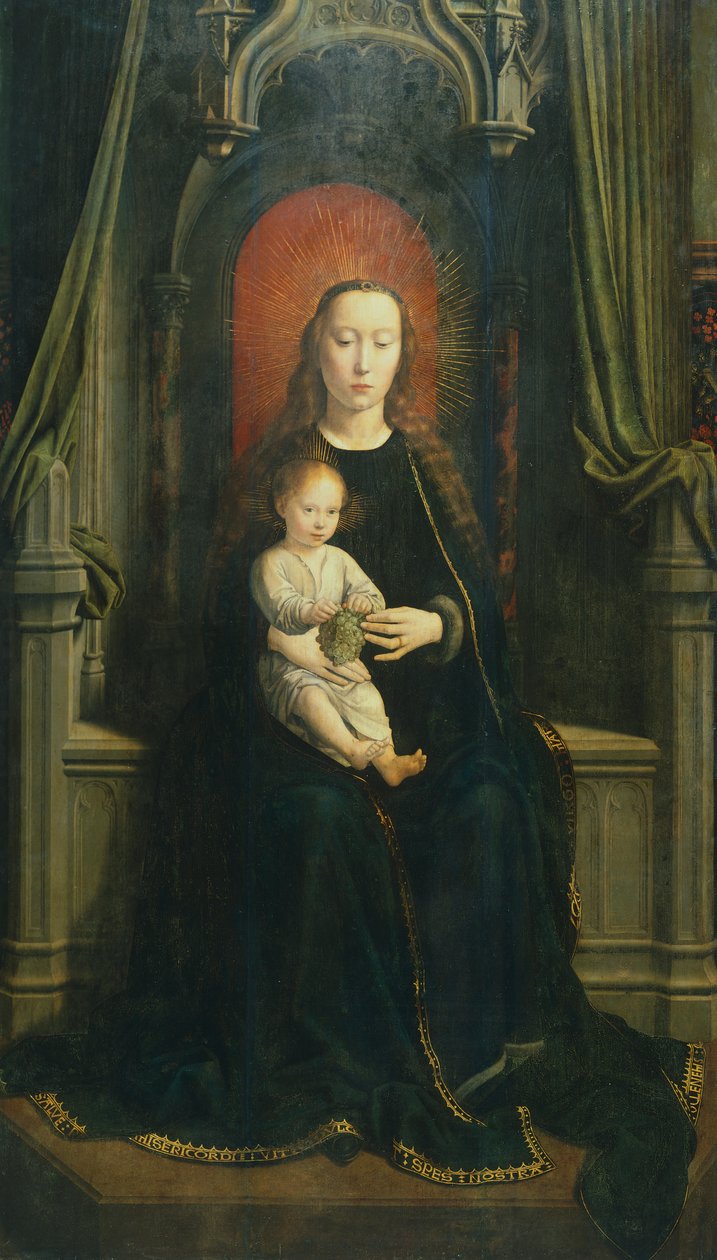 Valtaistuimella Madonna lapsen kanssa tai Viinirypäleiden Madonna, Cervaran alttaritaulun keskipaneeli tekijältä Gerard David