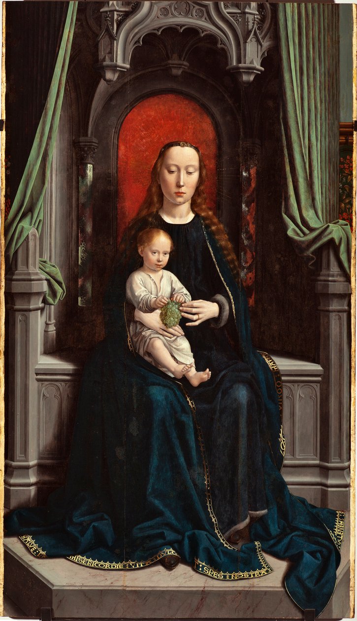 Valtaistuimella oleva Madonna lapsen kanssa tai Viinirypäleiden Madonna, Cervaran alttaritaulun keskipaneeli tekijältä Gerard David